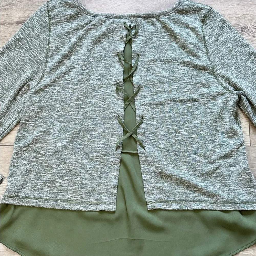 New Directions Mixed Media Lace Up Long Sleeve Top